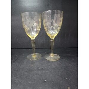 Lancaster Jubilee Yellow Goblets, Wine/‎ Water Glasses, Set of 2, Optic Floral